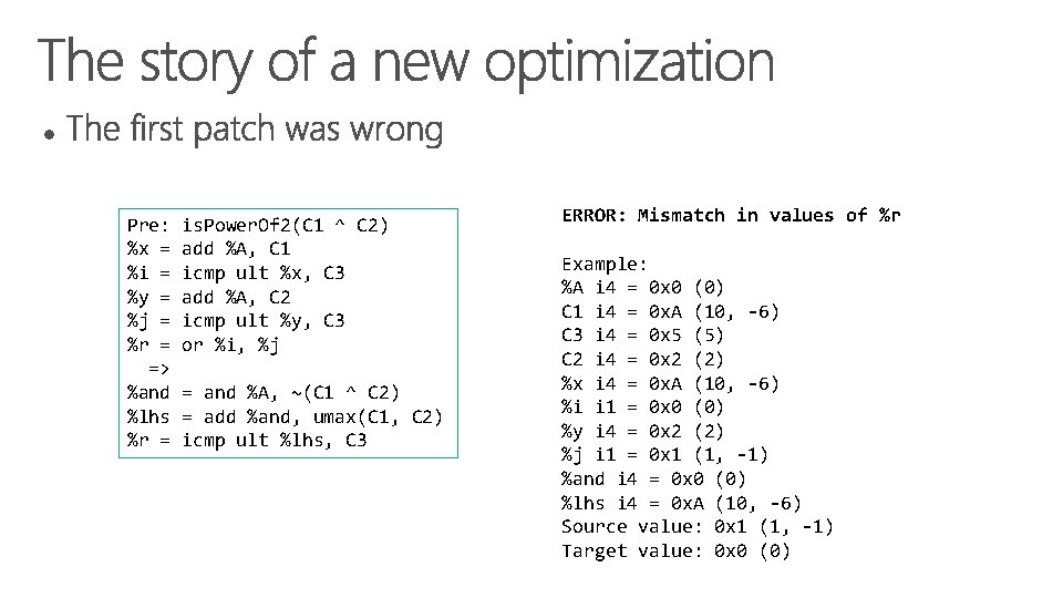 Pre: is. Power. Of 2(C 1 ^ C 2) %x = add %A, C