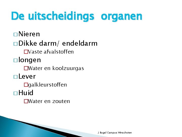 De uitscheidings organen � Nieren � Dikke darm/ endeldarm �Vaste afvalstoffen � longen �Water