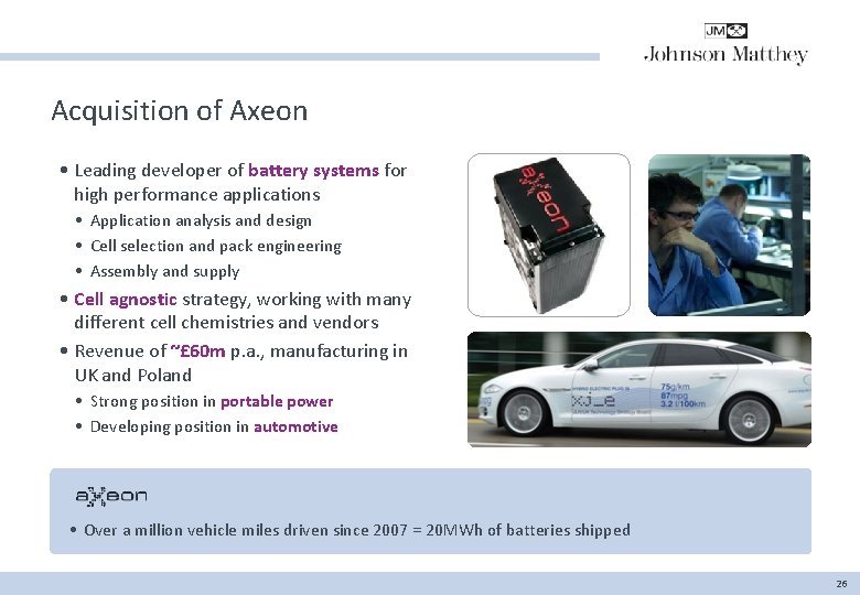 Acquisition of Axeon • Leading developer of battery systems for high performance applications •