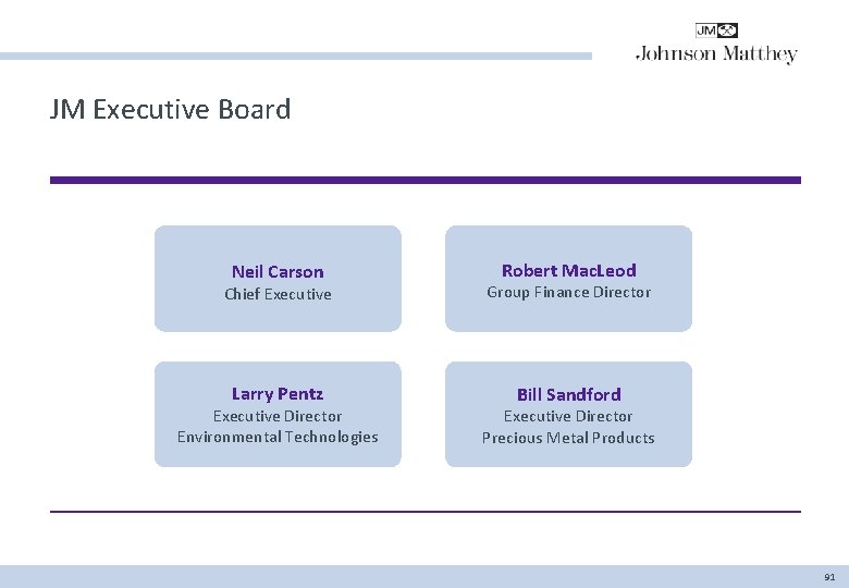 JM Executive Board Neil Carson Robert Mac. Leod Chief Executive Group Finance Director Larry