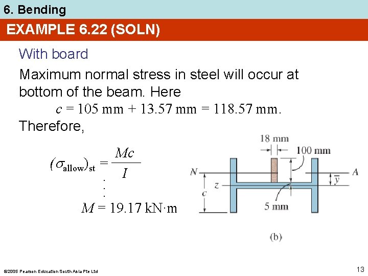 6. Bending EXAMPLE 6. 22 (SOLN) With board Maximum normal stress in steel will