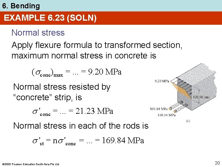 6. Bending EXAMPLE 6. 23 (SOLN) Normal stress Apply flexure formula to transformed section,