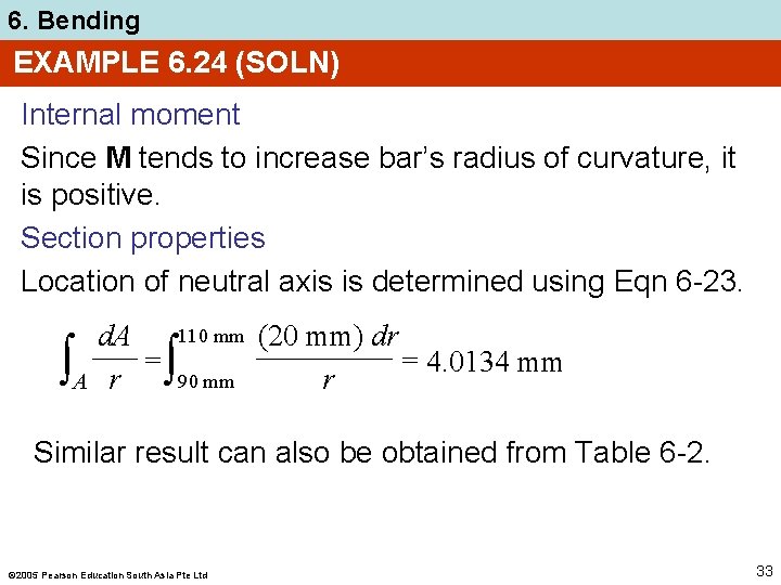 6. Bending EXAMPLE 6. 24 (SOLN) Internal moment Since M tends to increase bar’s