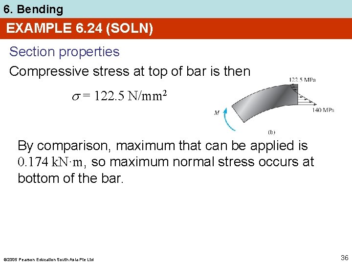 6. Bending EXAMPLE 6. 24 (SOLN) Section properties Compressive stress at top of bar