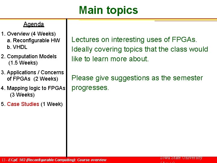 Main topics Agenda 1. Overview (4 Weeks) a. Reconfigurable HW b. VHDL 2. Computation
