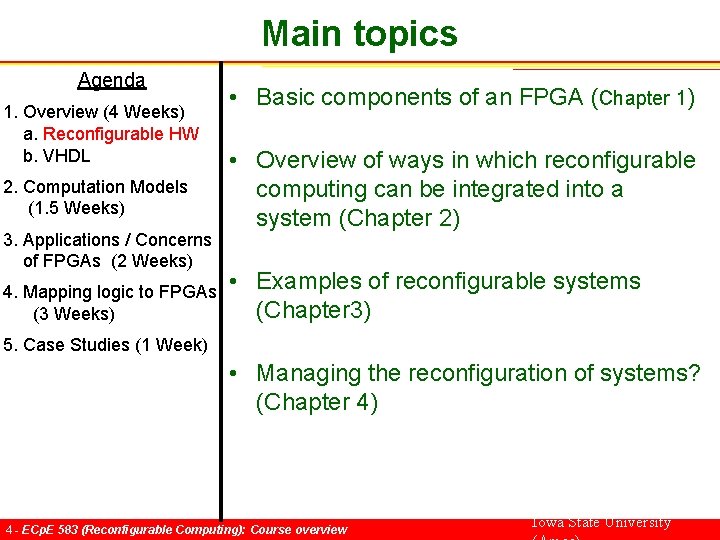 Main topics Agenda 1. Overview (4 Weeks) a. Reconfigurable HW b. VHDL 2. Computation