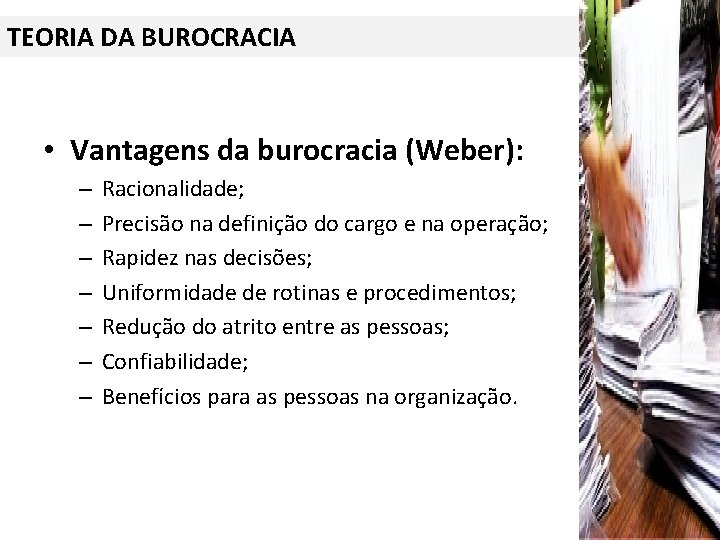 TEORIA DA BUROCRACIA • Vantagens da burocracia (Weber): – – – – Racionalidade; Precisão