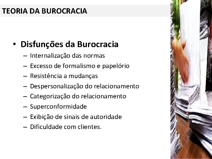 TEORIA DA BUROCRACIA • Disfunções da Burocracia – – – – Internalização das normas