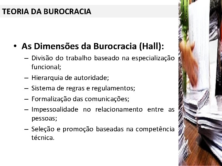 TEORIA DA BUROCRACIA • As Dimensões da Burocracia (Hall): – Divisão do trabalho baseado