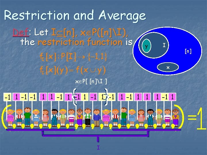 Restriction and Average Def: Let I [n], x P([n]I), the restriction function is y