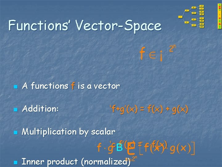 Functions’ Vector-Space n A functions f is a vector n Addition: n n ‘f+g’(x)