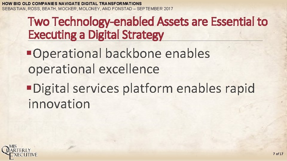 HOW BIG OLD COMPANIES NAVIGATE DIGITAL TRANSFORMATIONS SEBASTIAN, ROSS, BEATH, MOCKER, MOLONEY, AND FONSTAD