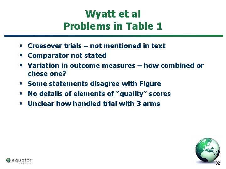 Wyatt et al Problems in Table 1 § Crossover trials – not mentioned in