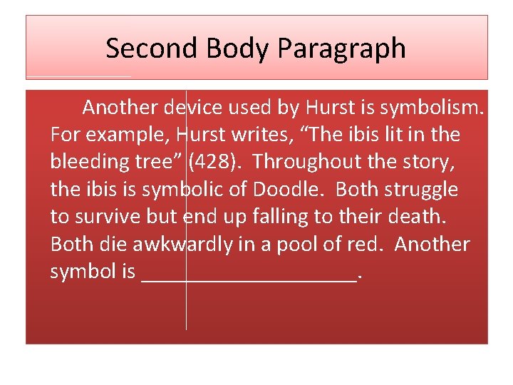 Second Body Paragraph Another device used by Hurst is symbolism. For example, Hurst writes, Second Body Paragraph Another device used by Hurst is symbolism. For example, Hurst writes,