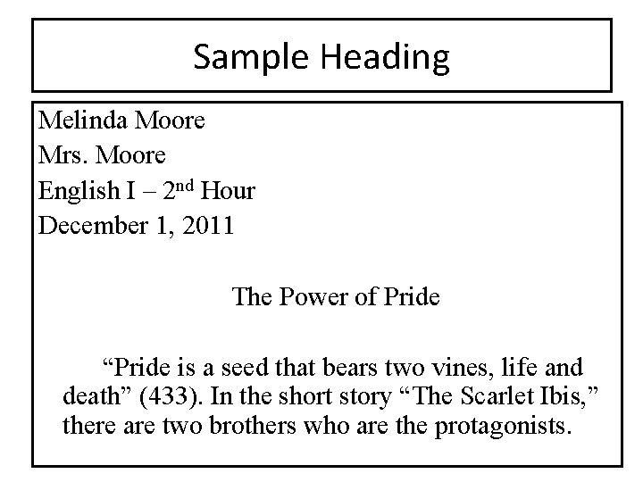 Sample Heading Melinda Moore Mrs. Moore English I – 2 nd Hour December 1, Sample Heading Melinda Moore Mrs. Moore English I – 2 nd Hour December 1,