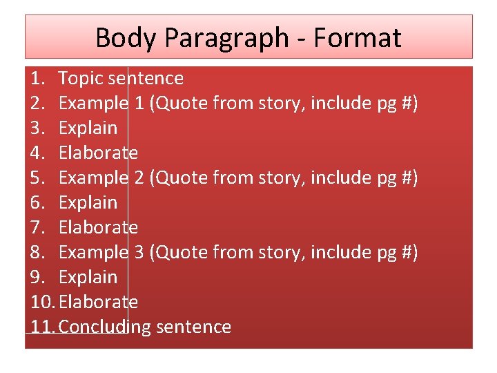 Body Paragraph - Format 1. Topic sentence 2. Example 1 (Quote from story, include