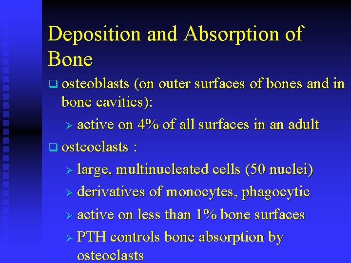 Deposition and Absorption of Bone q osteoblasts (on outer surfaces of bones and in