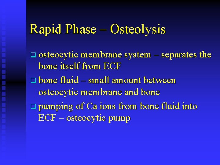 Rapid Phase – Osteolysis q osteocytic membrane system – separates the bone itself from