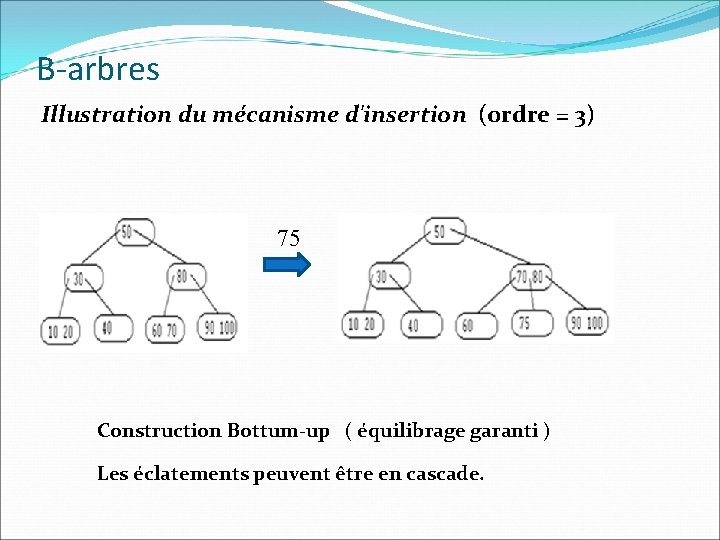 B-arbres Illustration du mécanisme d'insertion (ordre = 3) 75 Construction Bottum-up ( équilibrage garanti