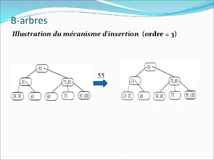B-arbres Illustration du mécanisme d'insertion (ordre = 3) 55 