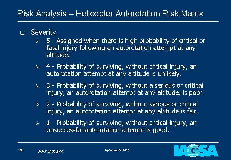 Risk Analysis – Helicopter Autorotation Risk Matrix q 116 Severity Ø 5 - Assigned