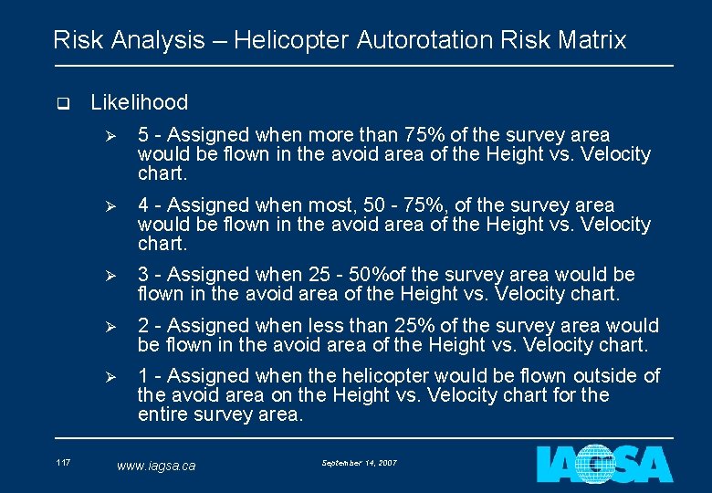 Risk Analysis – Helicopter Autorotation Risk Matrix q 117 Likelihood Ø 5 - Assigned