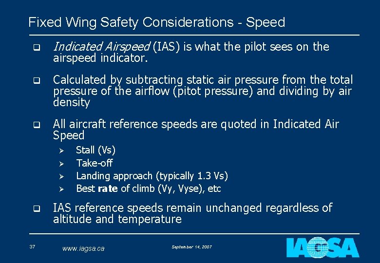 Fixed Wing Safety Considerations - Speed q Indicated Airspeed (IAS) is what the pilot