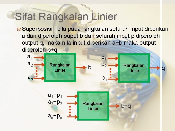 Sifat Rangkaian Linier Superposisi: bila pada rangkaian seluruh input diberikan a dan diperoleh ouput