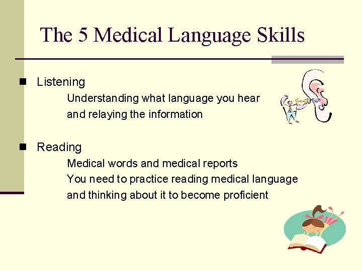 The 5 Medical Language Skills n Listening Understanding what language you hear and relaying