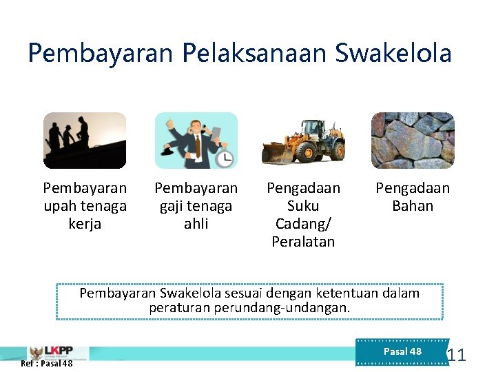 Pembayaran Pelaksanaan Swakelola Pembayaran upah tenaga kerja Pembayaran gaji tenaga ahli Pengadaan Suku Cadang/