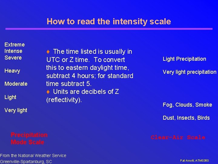 How to read the intensity scale Extreme Intense Severe Heavy Moderate Light ♦ The