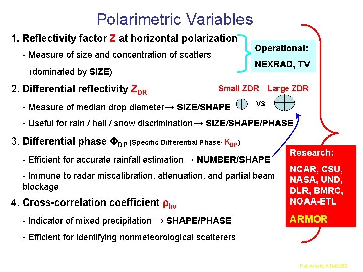 Polarimetric Variables 1. Reflectivity factor Z at horizontal polarization - Measure of size and