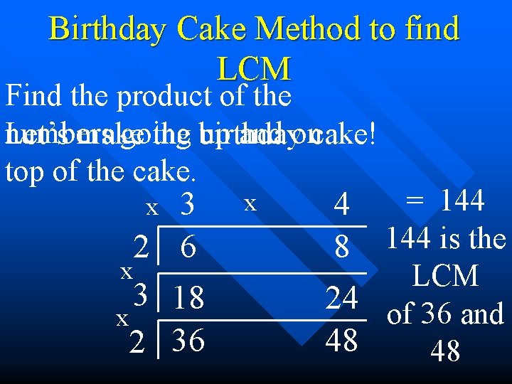 Birthday Cake Method to find LCM Find the product of the numbers going up