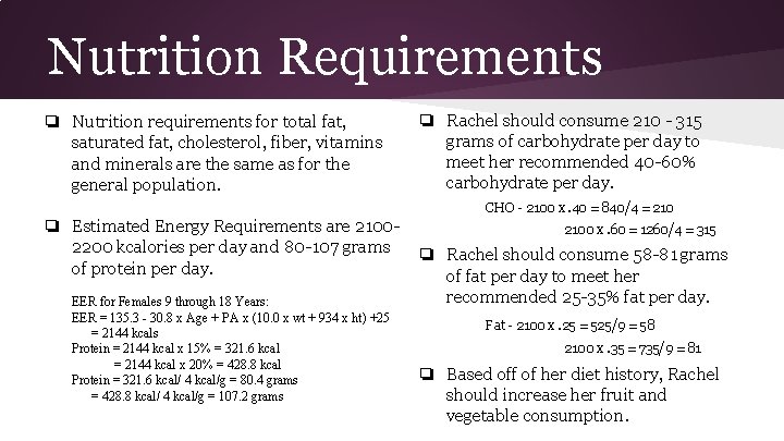 Nutrition Requirements ❏ Nutrition requirements for total fat, saturated fat, cholesterol, fiber, vitamins and