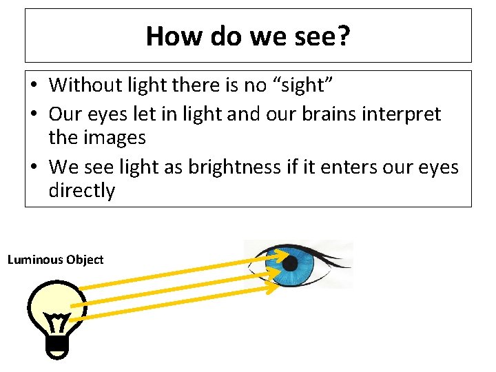 How do we see? • Without light there is no “sight” • Our eyes