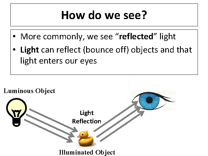 How do we see? • More commonly, we see “reflected” light • Light can