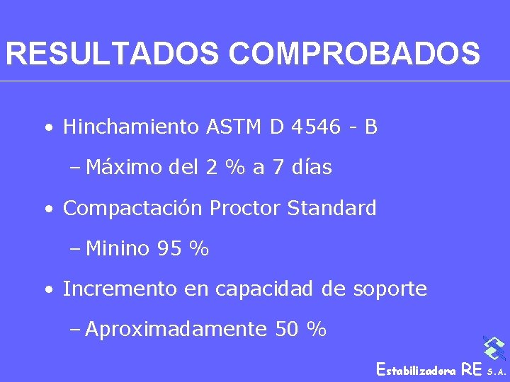 RESULTADOS COMPROBADOS • Hinchamiento ASTM D 4546 - B – Máximo del 2 %