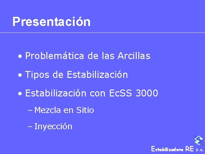 Presentación • Problemática de las Arcillas • Tipos de Estabilización • Estabilización con Ec.