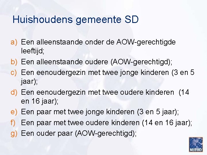 Huishoudens gemeente SD a) Een alleenstaande onder de AOW-gerechtigde leeftijd; b) Een alleenstaande oudere