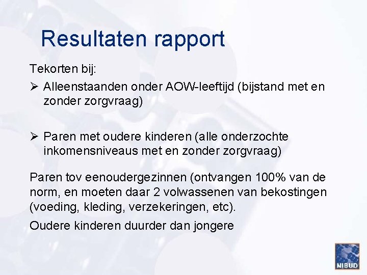 Resultaten rapport Tekorten bij: Ø Alleenstaanden onder AOW-leeftijd (bijstand met en zonder zorgvraag) Ø