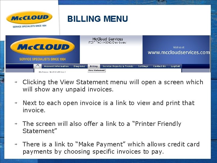 BILLING MENU ￫ Clicking the View Statement menu will open a screen which will