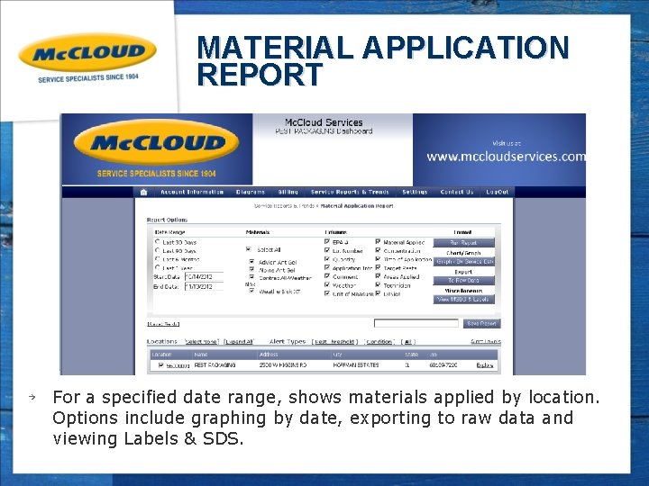 MATERIAL APPLICATION REPORT ￫ For a specified date range, shows materials applied by location.