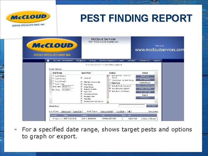 PEST FINDING REPORT ￫ For a specified date range, shows target pests and options