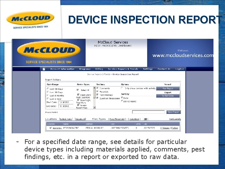 DEVICE INSPECTION REPORT ￫ For a specified date range, see details for particular device