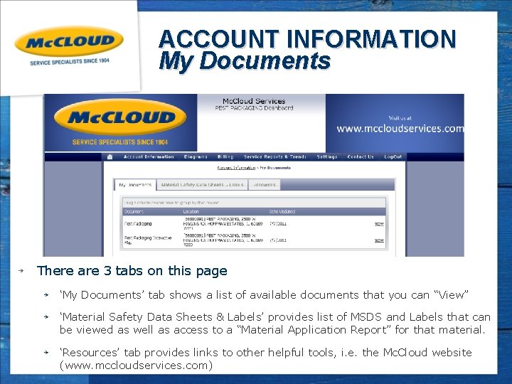 ACCOUNT INFORMATION My Documents ￫ There are 3 tabs on this page ￫ ‘My