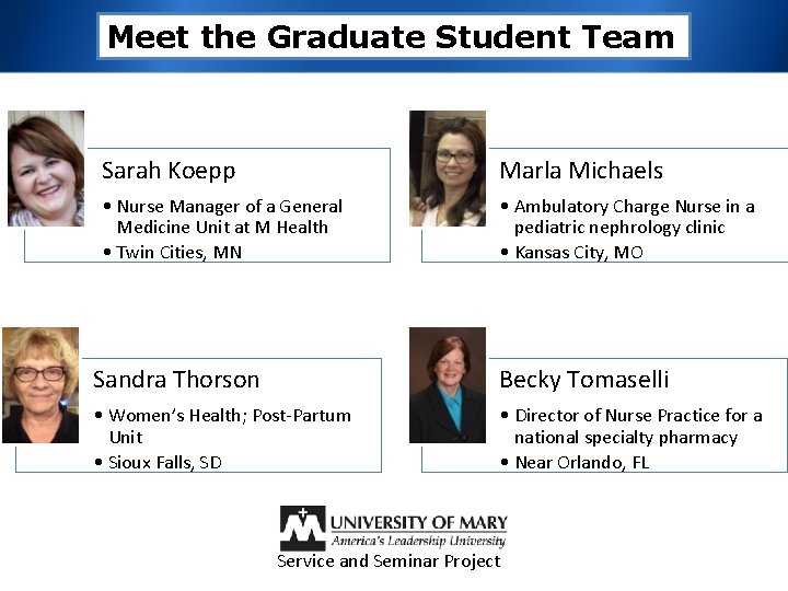 Meet the Graduate Student Team Sarah Koepp Marla Michaels • Nurse Manager of a