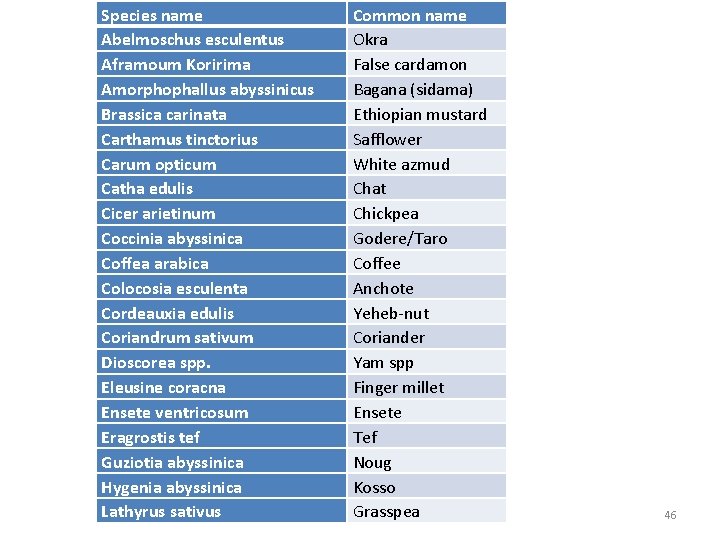 Species name Abelmoschus esculentus Aframoum Koririma Amorphophallus abyssinicus Brassica carinata Carthamus tinctorius Carum opticum