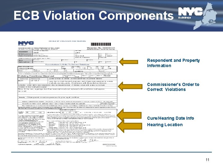 ECB Violation Components Respondent and Property Information Commissioner’s Order to Correct Violations Cure/Hearing Date