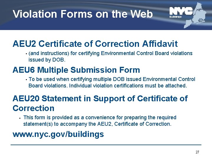 Violation Forms on the Web AEU 2 Certificate of Correction Affidavit • (and instructions)