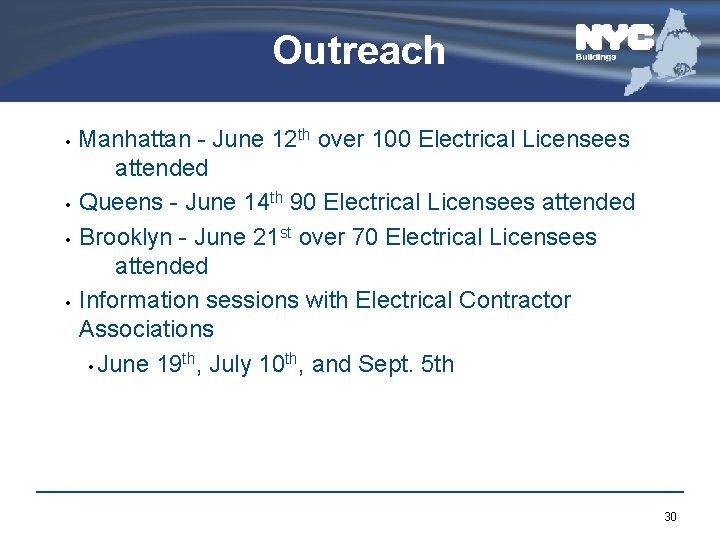 Outreach Manhattan - June 12 th over 100 Electrical Licensees attended • Queens -